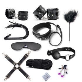 SM Bondage Restraint Set Sex Handcuffs Whip Anal Beads Butt Plug Anal Plug Bullet Vibrator Sex Toys for Woman Adult S&M Fetish - PU-black-10pcs