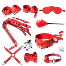 SM Bondage Restraint Set Sex Handcuffs Whip Anal Beads Butt Plug Anal Plug Bullet Vibrator Sex Toys for Woman Adult S&M Fetish - PU-red-10pcs