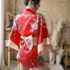 Sexy Kimono Nightgown Yukata for Woman Japanese Floral Fashion Yakata Cardigan Haori Silk Sleepwear Leisure Wear Pajamas Dress - red